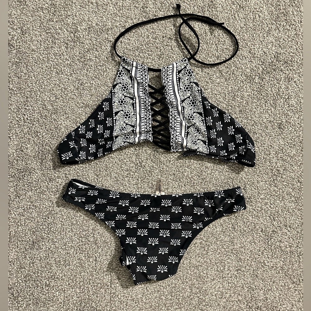 Two Piece Black Bathing Suit with White designs